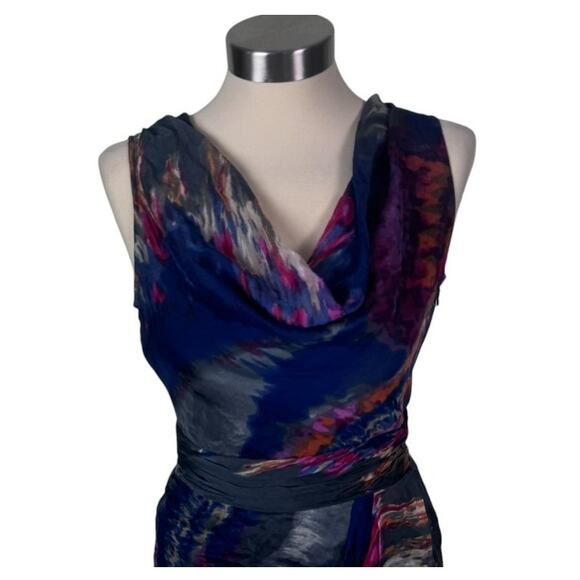 Andrew Marc Size 4 Silk Dress Sleeveless Blue Drape Cowl Neck - Picture 2 of 11